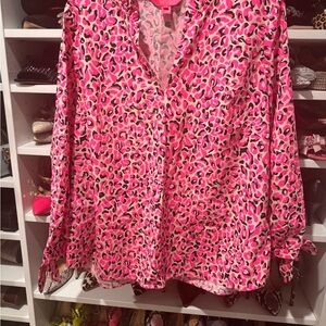 Women’s Pink Leopard Print Button-Up Blouse